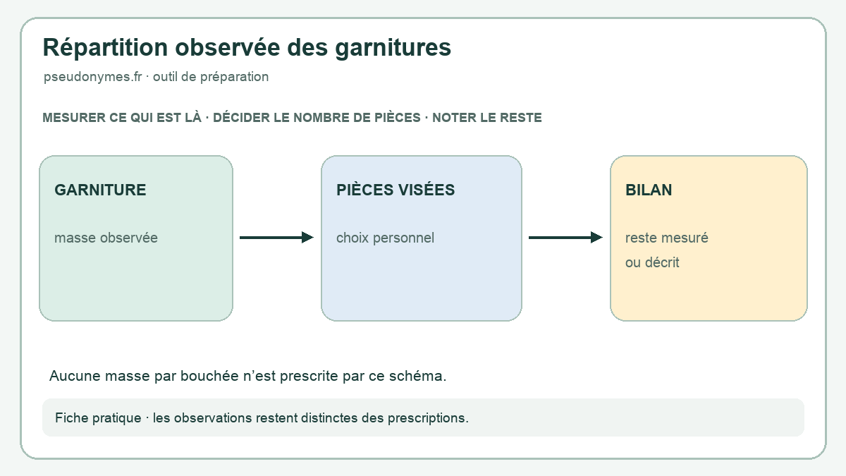 Plan de partage d’une garniture observée : masse initiale, pièces prévues, lots déposés et reste documenté.